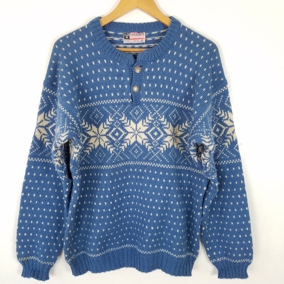 Vintage Voss Knit Norway Virgin Wool Chunky Knit Blue White Snowflake Sweater - Picture 1 of 9